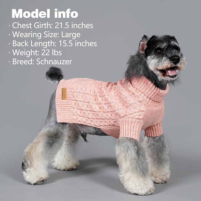 KYEESE Dog Sweater with Classic Cable Knit Long Sleeve Knitwear Dogs Clothes, Warm Turtleneck Pet Coats Soft Dog Sweater for Small Dogs, Pink, Small