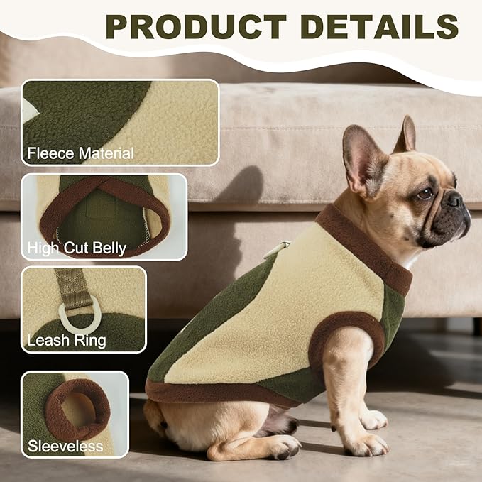 Dog Fleece Sweater,Winter & Fall, Dog Vest with Leash Ring, Warm Soft Coats for Small Dogs, Stretchy & Comfortable Jackets for Walking Hiking,Running,Machine Washable,Army Green,Size S
