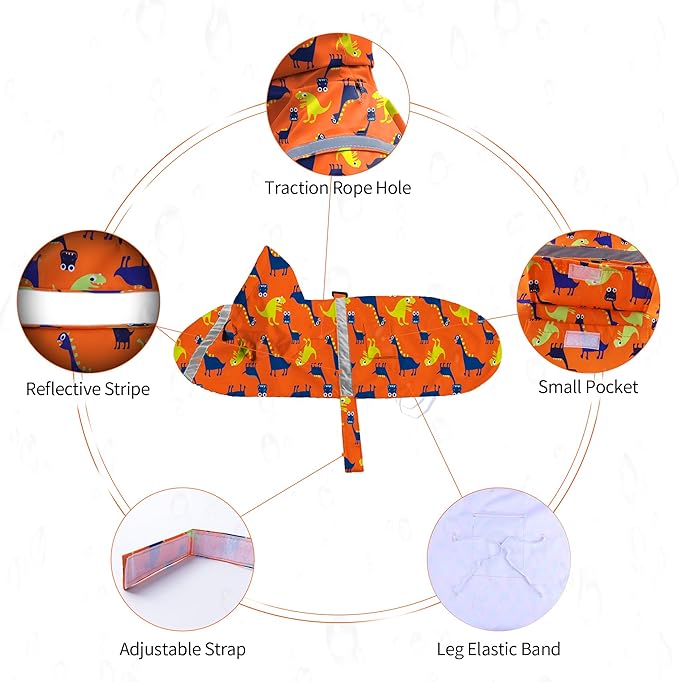 NACOCO Large Dog Raincoat Adjustable - Pet Dinosaurs Water Proof Clothes Lightweight Rain Jacket Poncho Hoodies with Strip Reflective Blue (XL, Orange Dinosaur)