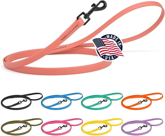 Dogline Biothane Waterproof Dog Leash Strong Coated Nylon Webbing with Black Hardware Odor-Proof Easy to Clean High Performance for Small or Large Dogs Made in USA 4 or 6 ft Lead, Coral