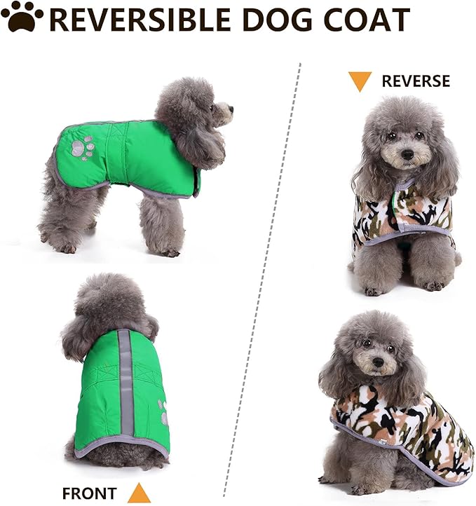 Queenmore Dog Winter Coat, Cold Weather Fleece Jacket for Dogs, Waterproof Reflective Reversible, for Small, Medium and Large Dogs (Green, M)