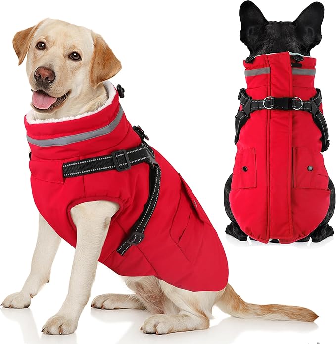 Dogcheer Dog Coat with Harness, Waterproof Warm Dog Winter Jacket with Pockets, Reflective Pet Fleece Jacket Turtleneck Snowsuit for Small Medium Large Dogs - Red, XL