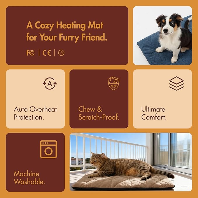 Dog Heating Pad (31"x20") - Waterproof Electric Heated Mat & Pet Bed for Indoor and Outdoor Use, Chew Resistant Cord, Machine Washable Cover with Wheat Pattern Quilting, for Cats and Pets