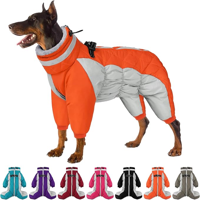 SUNFURA Full Body Dog Coat - Warm Fleece Jacket for Large Dogs, Turtleneck Winter Coats with Harness, Reflective Dog Snowsuit Windproof Puffer Jackets with Legs for French Bulldog, Orange L