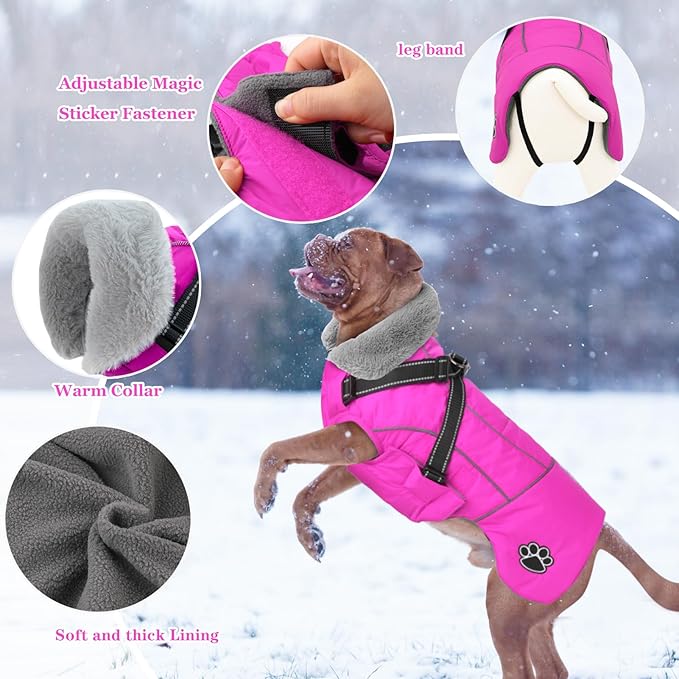 Doglay Dog Coat with Harness, Reflective Warm Dog Jacket Waterproof Puppy Winter Coat for Cold Weather, Adjustable Fleece Jacket for Small Medium Large Dogs