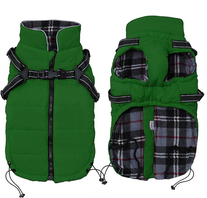 Geyecete Winter Warm Coat Waterproof Dog Jacket with Harness Traction Belt,Pet Outdoor Jacket for Small Dogs-Green-XS