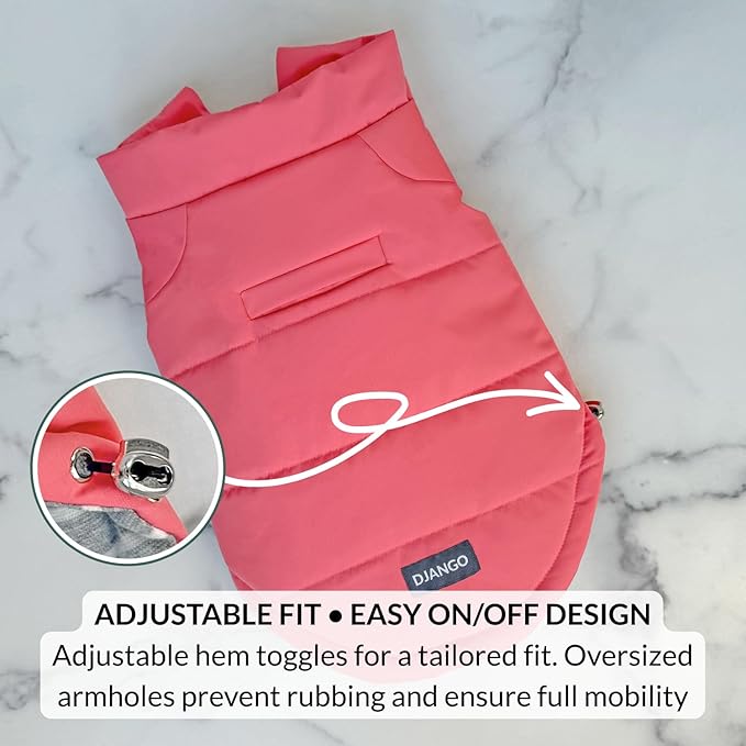 DJANGO Puffer Dog Coat – Warm Winter Dog Jacket & Water-Repellent Insulated Puffer Vest with Striped Lining, Harness Hole, Adjustable Fit for Small & Medium Dogs, Dachshunds – Rose Petal Pink, Small