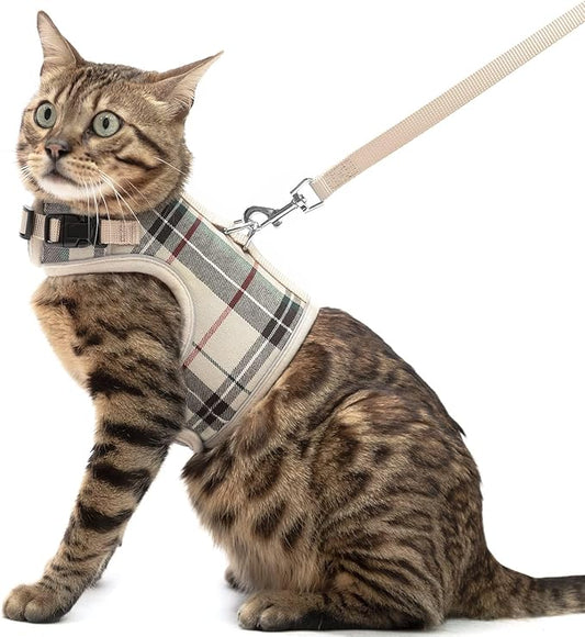 PUPTECK Soft Mesh Cat Vest Harness and Leash Set Puppy Padded Pet Harnesses Escape Proof for Cats Small Dogs Rabbits Bunny, Plaid Beige, XL