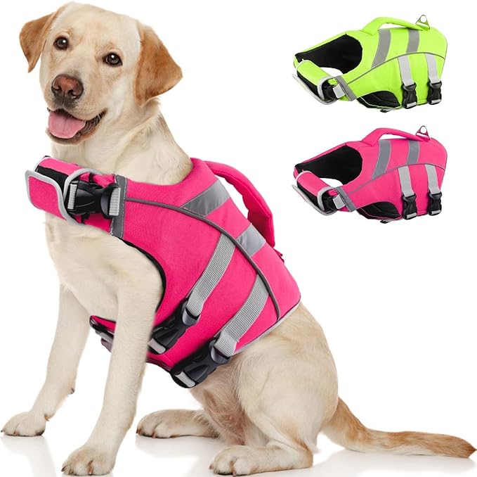Kuoser Small Dog Life Jacket High Flotation, Reflective Puppy Water Vest for Swimming Boating, Adjustable Doggie Life Preserver Rescue Handle for Summer, Pink S
