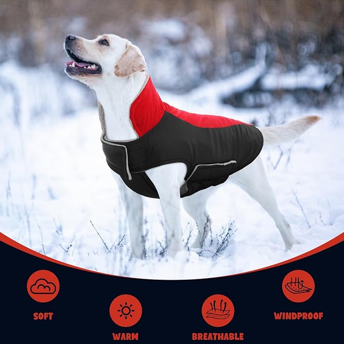 Warm Dog Coat,Waterproof Jacket in Winter Adjustable and Reversible Doggy Fleece Outfit,Thick Clothes with Foldable Collar for Puppy in Cold Days,L Red