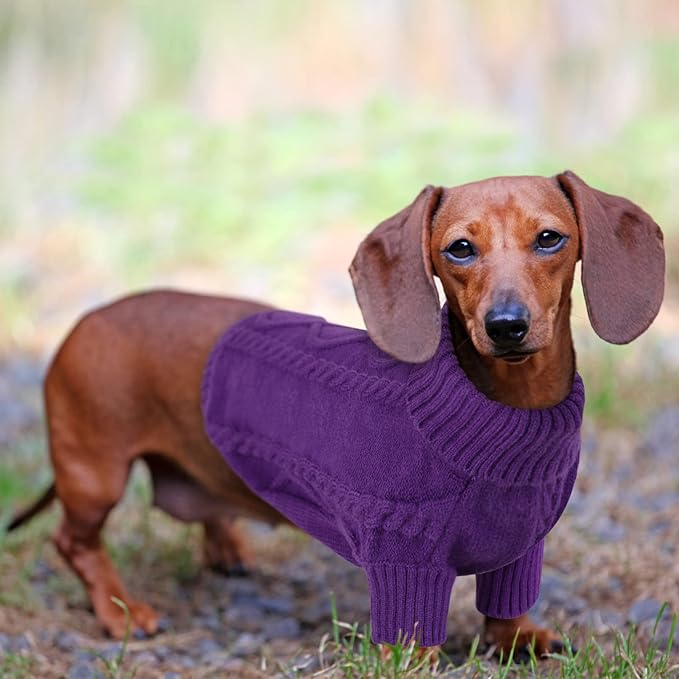 Queenmore Small Dog Pullover Sweater, Cold Weather Cable Knitwear, Classic Turtleneck Thick Warm Clothes for Chihuahua, Bulldog, Dachshund, Pug (Purple, Medium)