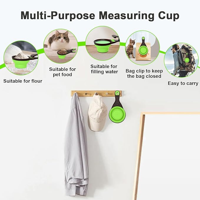 Collapsible Silicone Dog Food Scoop Foldable Pet Food Measuring Cup with Bag Clip 3 in 1 Multi-Function Silicone Dog Food Scooper (Green, Medium)