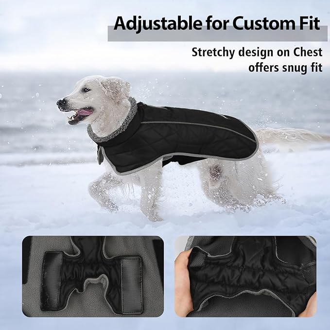 Fragralley Dog Coat Large, Waterproof Dog Jacket with Warm Fleece Lining, Adjustable Reflective Dogs Winter Coat, Turtleneck Pet Coats for Cold Weather (Black L)