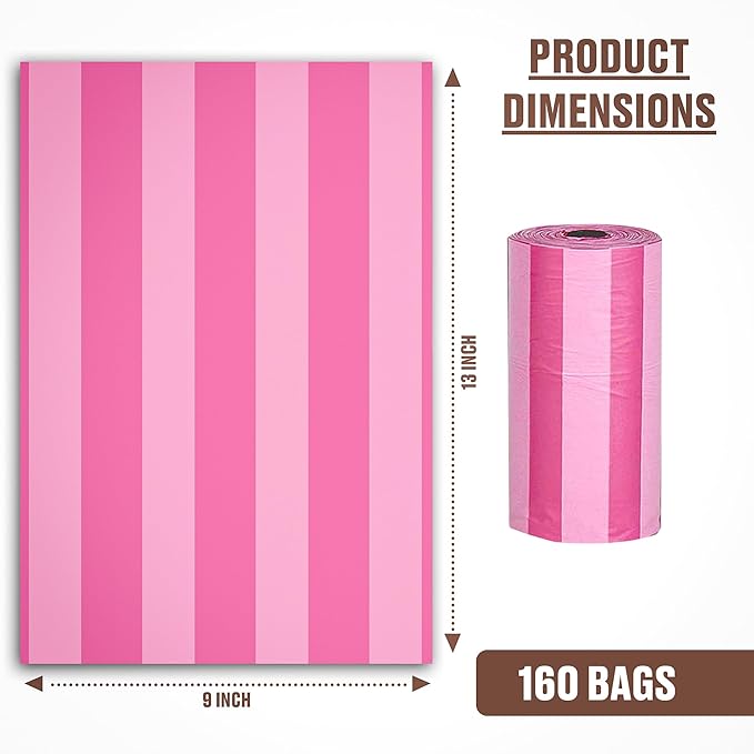 Parisian Pet Ecofriendly Dog Poop Bags Rolls - 160 Count Unscented Poop Bags For Dogs - Leakproof, Extra Thick, 8 Dog Waste Bags Refill Rolls - Stripes Dots Pink Doggie Poop Bags
