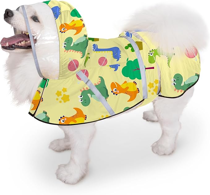 Dog Raincoat, Adjustable Rain Jacket with Hooded Double Layer for Large Medium Small Dogs Puppies, Lightweight Waterproof Rain Coat Poncho with Reflective Stripe Dinosaurs Yellow,M