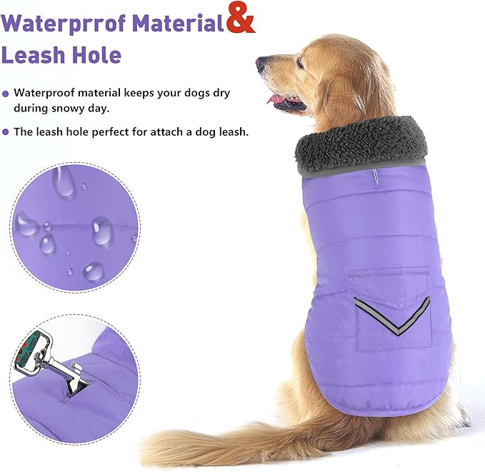 Dog Coat, Waterproof Dog Winter Jacket with Pocket, Reflective Adjustable Pet Snow Vest, Warm Cozy Fleece Sweater for Small Medium Extra Large Dogs - Light Purple, 3XL