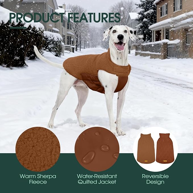 Kuoser Reversible Dog Coat – Warm Fleece & Quilted Waterproof Dog Jacket, Double-Sided Cold Weather Dogs Winter Coat with Harness Hole, Windproof Pet Snow Vest for Small Medium Large Dogs, Brown M