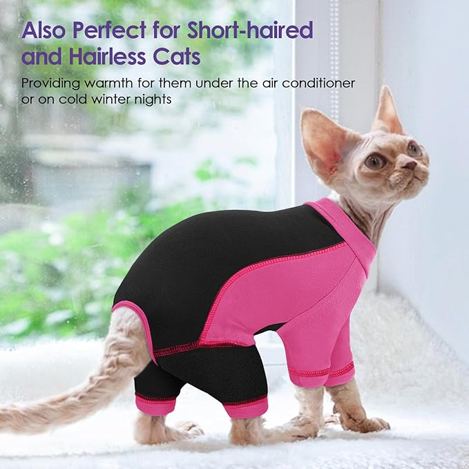 SUNFURA Hair Sticky Cat Clothes, Cat Sweater for Cats Only, 4-Legged Fleece Sweaters Kitten Pajamas Reduce Shedding Fur, Warm Pullover Shirts for Cats, Pink M