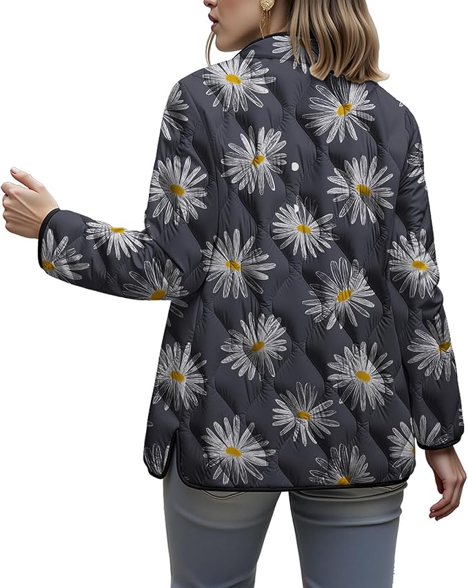 LIZALIG Women's Cropped Puffer Jacket Lightweight Floral Print Long Sleeve Padded Quilted Puffy Cardigan Coat