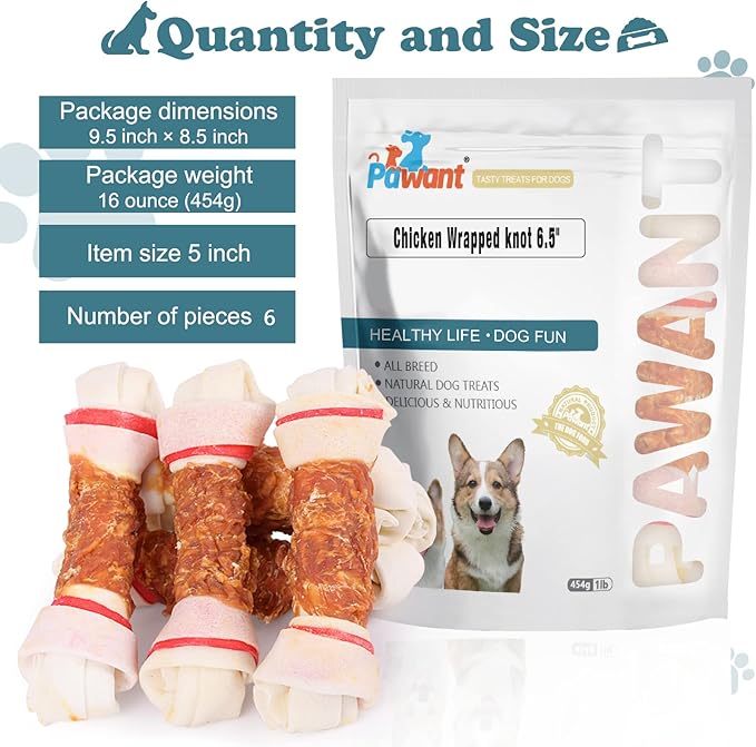 Dog Treats Chicken Wrapped Rawhide Bones for Small Dog Treats Puppy Chews Snacks Promotes Healthy Chewing Chicken Wrapped Knot 6.5" 1lb