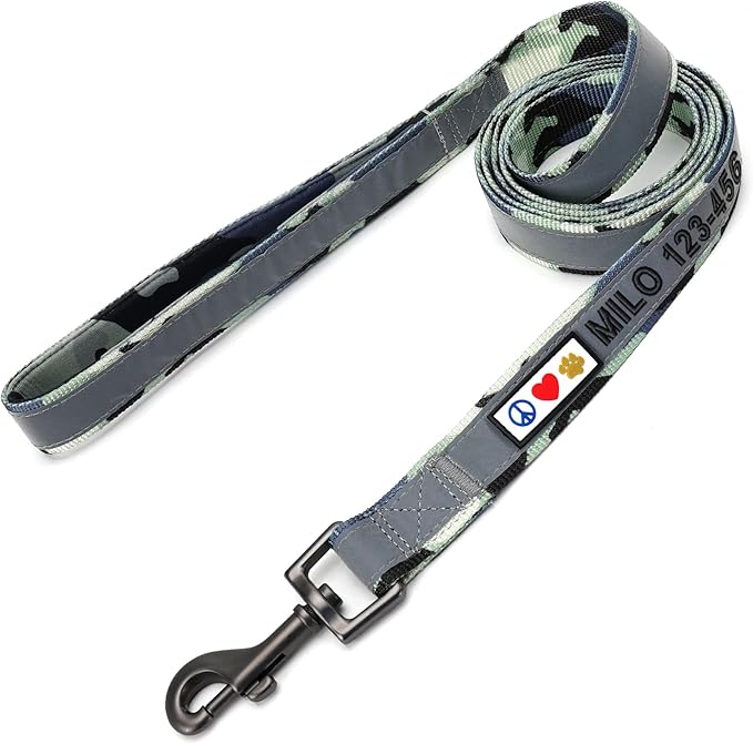 Pawtitas Personalized Dog Leash Embroidered Customize Your Pet Name & Phone Number Puppy Reflective 6 ft Long Large Camouflage Grey Custom Tag Name, Grey Camo