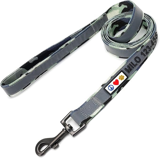 Pawtitas Personalized Dog Leash Embroidered Customize Your Pet Name & Phone Number Puppy Reflective 6 ft Long Large Camouflage Grey Custom Tag Name, Grey Camo