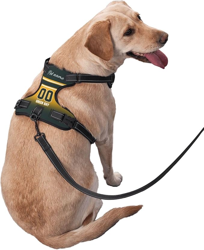 Custom Green Bay Dog Harness with Reflective Stripes Personalized Name and Number Dog Vest Harness with Pet Traction Rope for Small Medium Large Dog