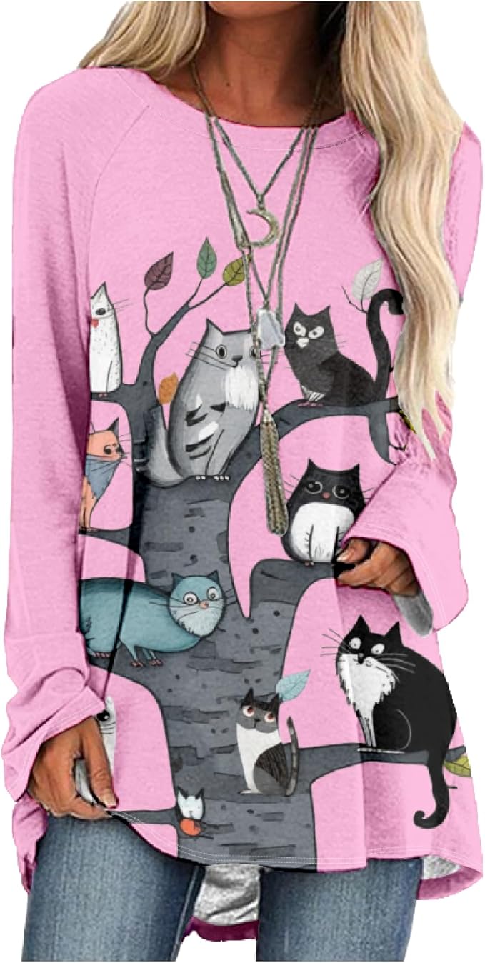 Womens Tunic Shirt Cute Cat Print Long Sleeve Round Neck Women T Shirts Cotton Casual Plus Size Vacation Tunics Tops