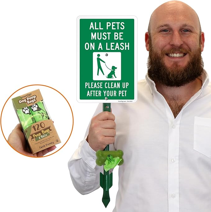 SmartSign All Pets Must Be On A Leash Clean Up After Pet Yard Sign & Clip-On Preloaded Dispenser Combo/Kit with 135 Dog Poop Waste Bags, 7"x10" Rust-proof Aluminum Sign with 18-inch Steel Stake