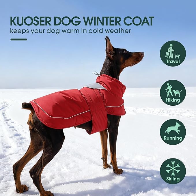 Kuoser Dog Winter Coat, Dog Jackets for Large Dogs, Winter Waterproof Big Doggie Coat, Reflective Dogs Cold Weather Coats, Windproof Turtleneck Pet Puffer Jacket Snowsuit Clothes with Harness Hole