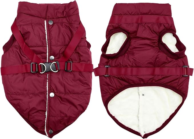 Dog Jacket with Harness,Fleece Lined Warm Puppy Coat for Winter,Soft Windproof Small Dog Vest,Red S