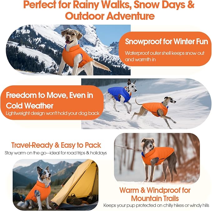 QBLEEV Reversible Dog Winter Coat, Waterproof Windproof Warm Jacket with Adjustable Hook & Loop Design, Lightweight Puffer Vest for Medium Dogs, Orange, M – Fits Pug, Beagle, Corgi
