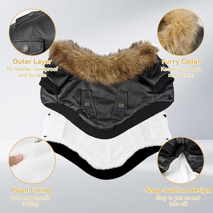 PETLESO Dog Coat for Small Dogs, Dog Leather Jacket Waterproof Windproof, Double Layer Warm Dog Winter Coat with Plush Lined, Black XXL