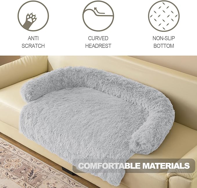 Calming Dogs/Cats Bed Mats, Dog Pad Washable Removable Couch Cover, Plush Long Fur Mat for Pets, Waterproof Lining, Perfect for Small, Medium and Large Dogs and Cats (Light Gray, 21"x21")