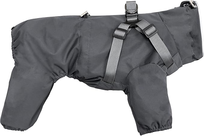 Mile High Life Waterproof Dog Raincoat, Full Coverage Small Dog Rain Coat with Harness, Adjustable 4 Legs Puppy Rain Jacket with Reflective Strip and Elastic Cuffs (Gray, M Back Length 14.6")