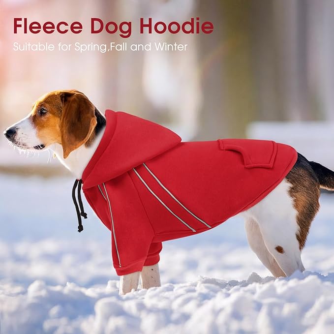 ASENKU Cozy Dog Hoodie，Soft Sweater with Adjustable Hood, Back Pocket and Leash Access Hole，Warm Reflective Sweatshirt for Cold Weather（Red，S