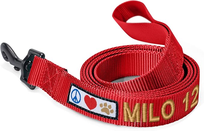 Pawtitas Personalized Dog Leash - Embroidered Custom Leash with Pet Name & Phone Number, 6 ft Long, Red
