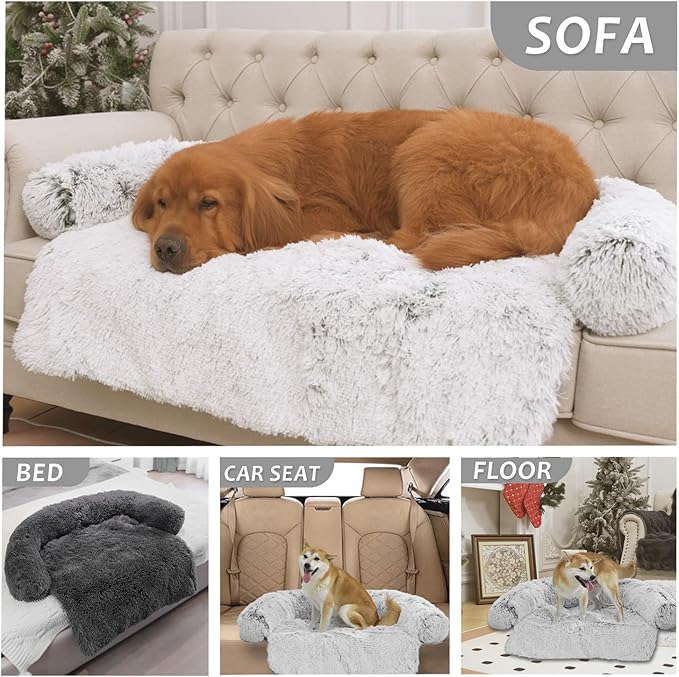 Calming Dogs/Cats Bed Mats, Dog Pad Washable Removable Couch Cover, Plush Long Fur Mat for Pets, Waterproof Lining, Perfect for Small, Medium and Large Dogs and Cats (Light Gray, 45"x37")