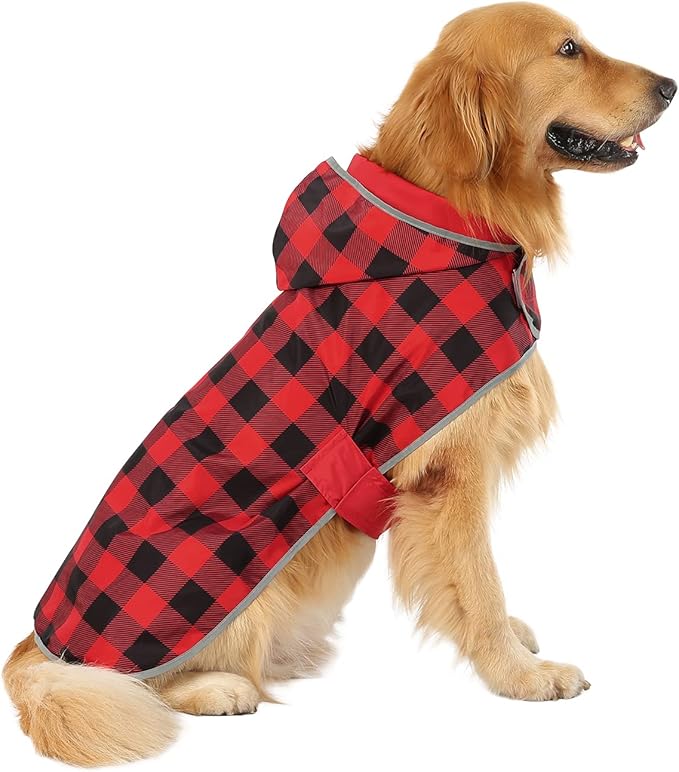 HDE Reversible Dog Raincoat Hooded Slicker Poncho Rain Coat Jacket for Small Medium Large Dogs Buffalo Plaid Red - L