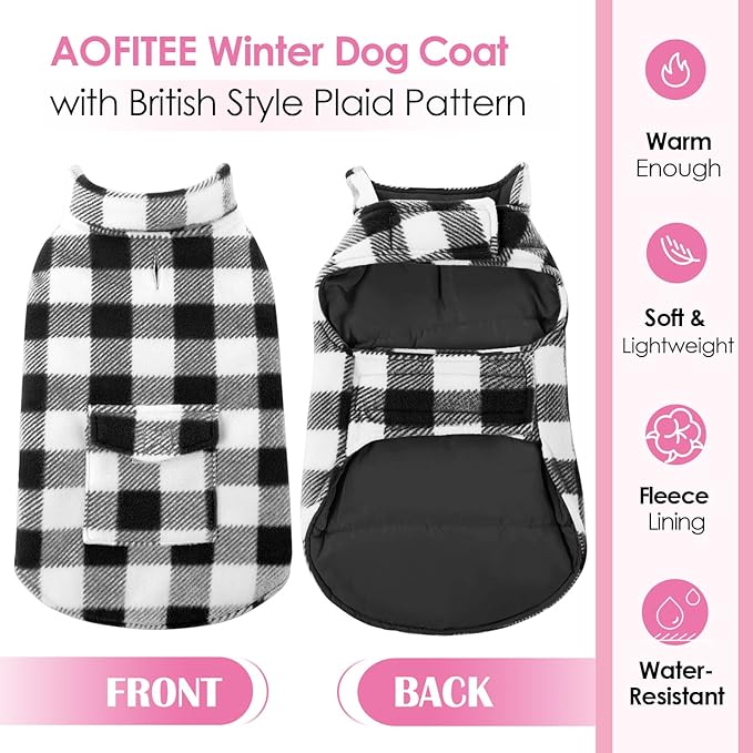 AOFITEE Dog Coat Plaid Dog Winter Coat for Large Dogs, Warm Dogs Jacket Christmas Sweater, Waterproof Pet Puffer Jacket, Reversible Pet Cold Weather Coats for Small Medium Large Pets, Black XXL