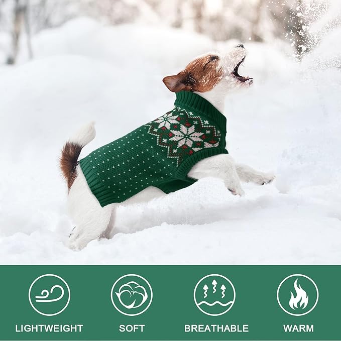 Kuoser Dog Sweater, Holiday Christmas Snowflake Pet Warm Knitwear Dog Sweaters Soft Puppy Clothing, Doggie Turtleneck Cold Weather Outfit Pullover for Small Medium Large Dogs Cats, Green L