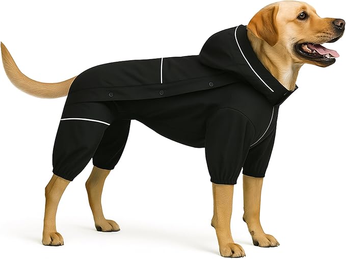 LOVELONGLONG Fleece-Lined Dog Raincoat with Removable Hood – Waterproof Winter Full Body Dog Jacket – Windproof Snowproof Cold-Weather Suit – Black-F M