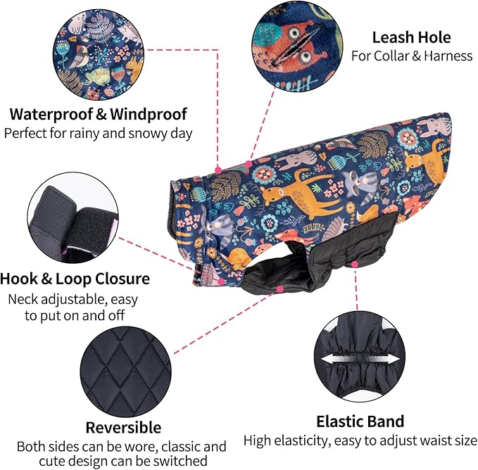 CuteBone Winter Dog Coat - Waterproof Windproof Reversible Jacket - Thick Adjustable Soft Coat with Leash Hole for Small to Large Dogs