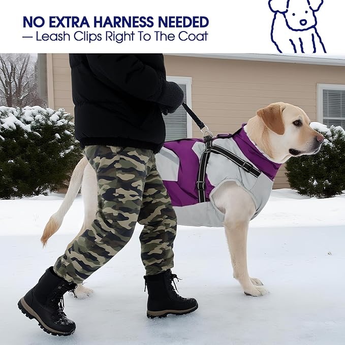 FUAMEY Dog Winter Jackets for Small Dogs,Dog Coat with Harness Built in,Waterproof Dogs Snowsuits Warm Pet Jacket Zip Up Fleece Cold Weather Coats Reflective Puppy Vest with Pocket Purple XS