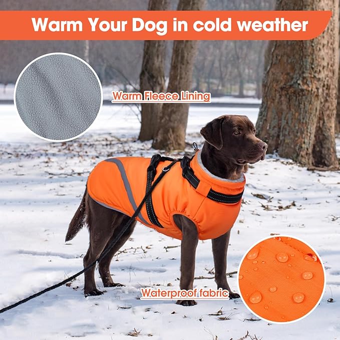 BRKURLEG Dog Winter Jackets for Large Dogs, Dog Coat with Harness Built in, Dogs Snowsuits with Zipper, Waterproof Windproof Pet Puffer Jacket Fleece Vest for Labrador, Dalmatian, Orange XXL