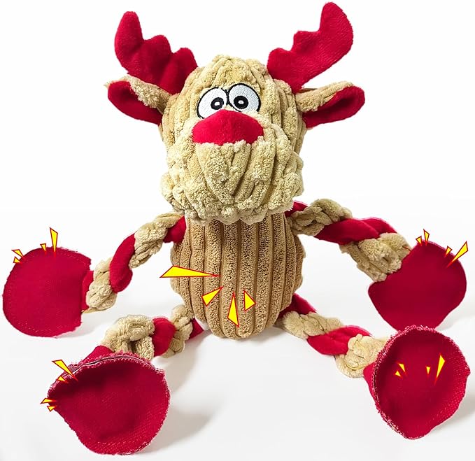 Christmas Dog Toys Tough Chew Toys for Large Dogs, Stuffed Reindeer Dog Toy with 5 Squeakers & Crinkle Paper, Squeaky Interactive Plush Toy to Keep Them Busy, Dog Gifts for Small Medium Large Dogs