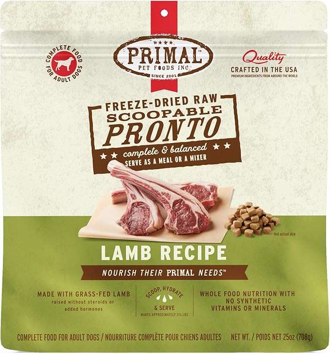 Primal Freeze Dried Dog Food, Pronto Mini Nuggets, Lamb; Scoop & Serve, Complete & Balanced Meal; Also Use as Topper or Treat; Premium, Healthy, Grain Free, High Protein Raw Dog Food (25 oz)