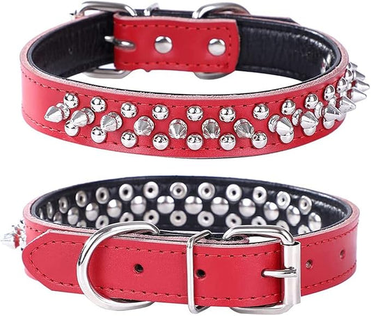 Adjustable Genuine Leather Spiked Studded Dog Collars for Small Medium Large Pets Like Pit Bull Bulldog Pugs Husky (M, Red)