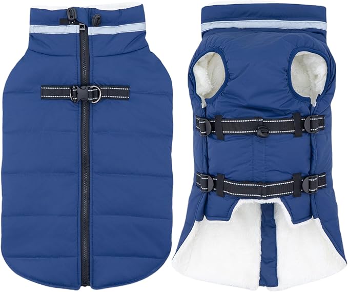 Large Dog Coat with Harness Built-in, Waterproof Reflective Fleece Lined - Warm Windproof Winter Jacket with Back Zipper, Cold Weather Snow Dog Coats - Blue - XL
