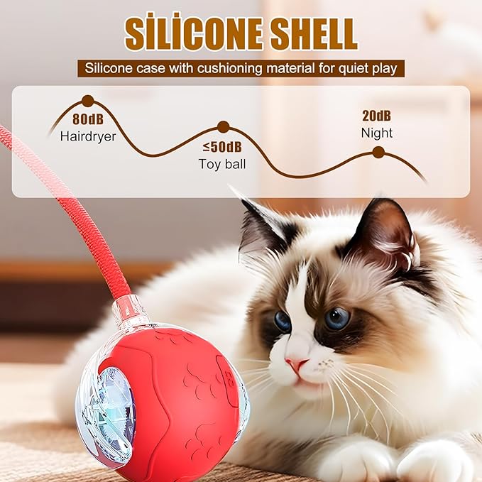 Interactive Cat Toys Ball for Indoor Cats, 2025 Newly Upgraded Automatic Rolling Balls, Moving Cat Ball with Elastic Mesh Tail, Kitten Toys for for Bored Indoor Adult Cats/Dog (Red)